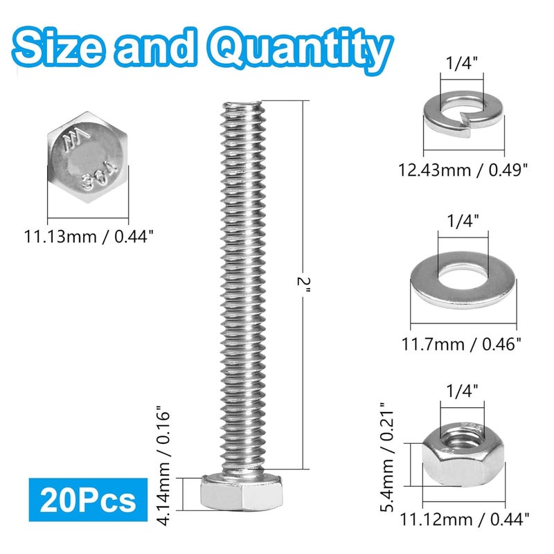 MroMax 20 Sets 1/4-20 x 2 Hex Head Screw Bolt, Nuts, Flat Washer & Spring Lock Washers Kits,Fully Threaded, Stainless Steel 18-8（304）, Bright Finish - Image 2